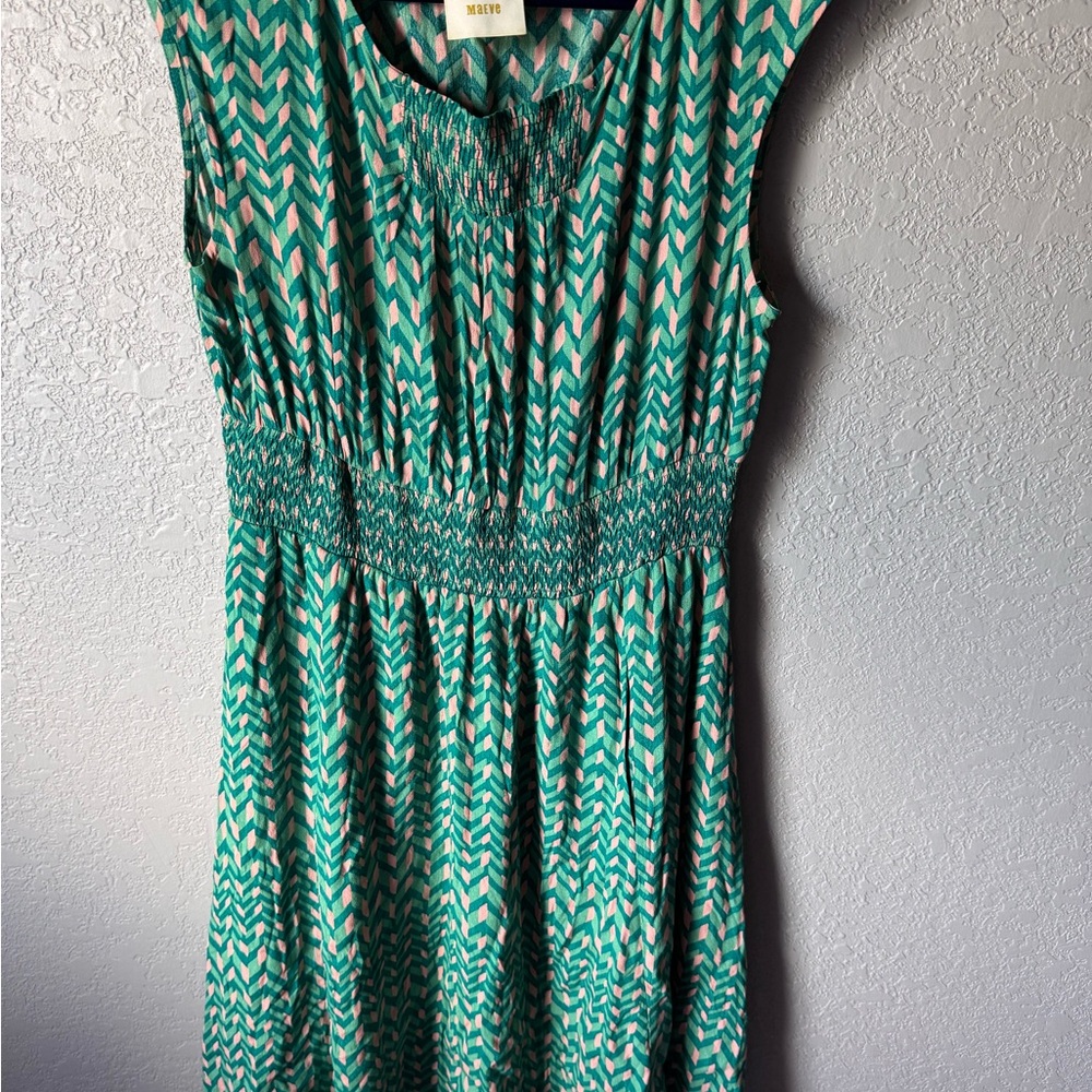 Maeve Anthropologie evaline Green geometric chevron print dress sz M EUC